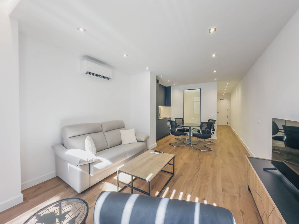 Vista panorámica del apartamento de lujo Alfisa desde el pasillo de entrada, mostrando la zona de estar con sofá cama, sillón de una plaza, mesa central pequeña y la televisión.