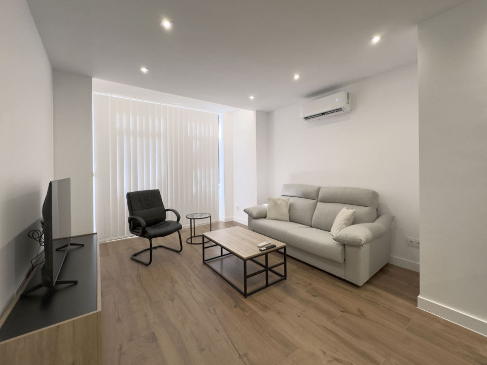 Vista panorámica del apartamento de lujo Alfisa desde el pasillo de entrada, mostrando la zona de estar con sofá cama, sillón de una plaza, mesa central pequeña y la televisión.